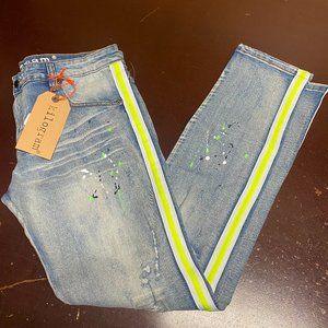 Kilogram Mens Blue Striped Distressed Paint Splatter Denim Straight Jeans Sz 36